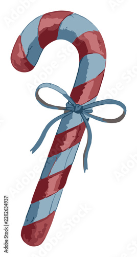 Christmas candy cane watercolor illustration with red stripes blue accents sweet ornament for holiday decor in nostalgic style
