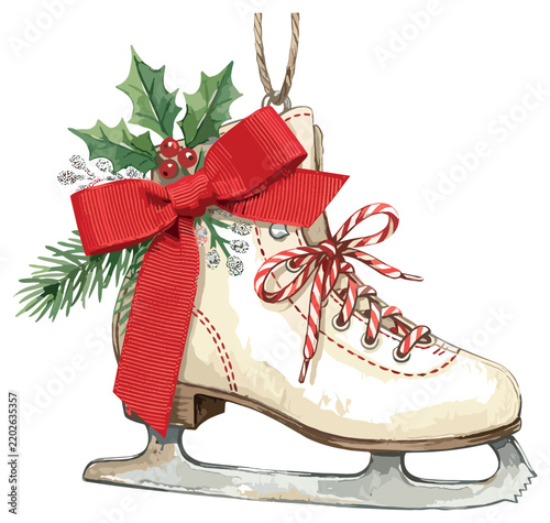Winter ornament illustration with ice skate red bow and watercolor details for Christmas decoration in nostalgic handmade style