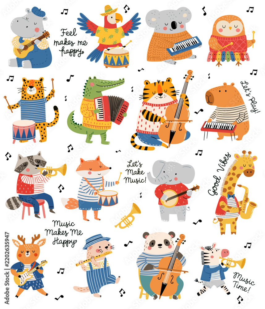 Fototapeta premium Cute animal musicians playing different instruments with music notes and cheerful lettering. Flat vector illustration featuring a fun animal band, perfect for childrens products, posters, cards
