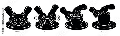 Pottery and ceramics vector illustration with hands clay and wheel for presentation in bold silhouette style