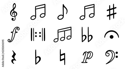 Hand drawn musical notes and symbols set on white background.