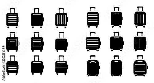Travel and suitcase design icon set with hard shell case smooth surface and rounded edges for product design in solid glyph style
