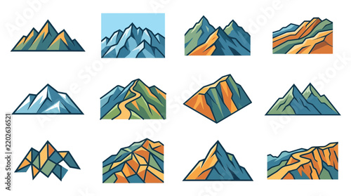 Set of twelve colorful stylized mountain illustrations with peaks and ridges in hand drawn vector style.