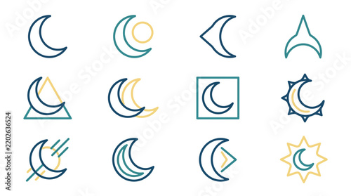 Set of twelve hand drawn crescent moon icons with geometric shapes and celestial elements.