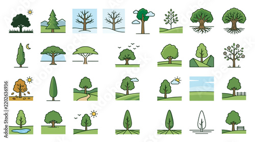 Vector doodle collection of diverse tree icons showing various shapes seasons and botanical species.