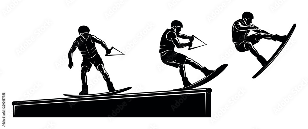 Obraz premium Boarding and freestyle vector illustration with athletes boards and ramp for marketing in monochrome style