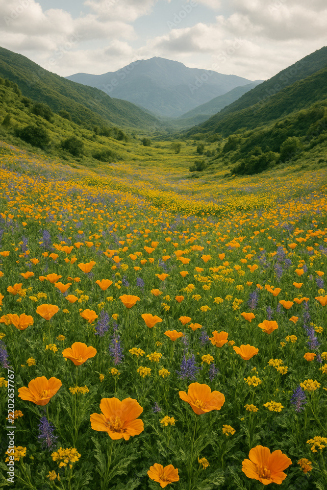 Obraz premium Orange wildflowers cover a green valley between mountain slopes