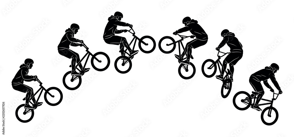 Obraz premium BMX cycling and adventure sport illustration with bicycles riders and jumps for presentation in silhouette style