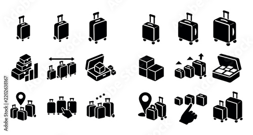 Travel sizes and luggage selection UI elements with carry on medium and large suitcases for dashboard design in isometric icons