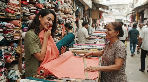 Happy Woman Shopping for Fabric with Vendor in Busy Market