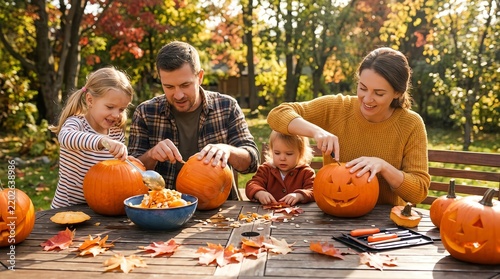 Happy Family Carving Pumpkins Outdoors on Autumn Day