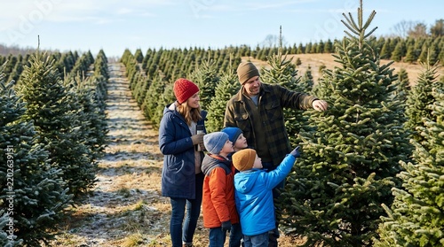 Cozy Family Group Exploring Christmas Tree Farm Outdoor