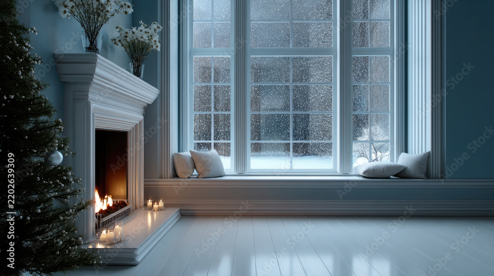 Fototapeta premium Cozy winter living room with fireplace, large window, candles, cushions, and snow outside, peaceful atmosphere