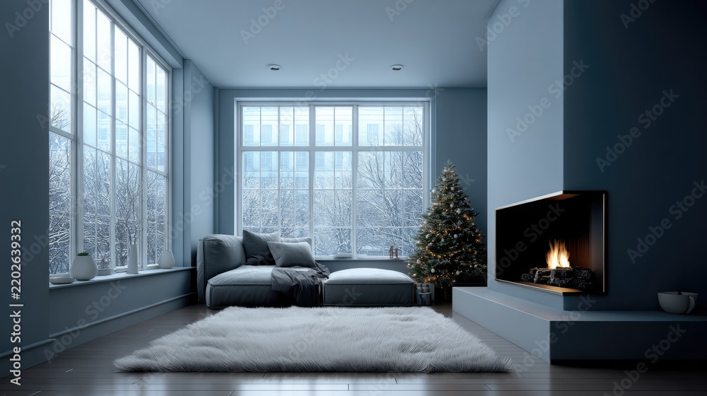 Obraz premium Cozy winter living room with large windows, modern fireplace, soft rug, decorated Christmas tree, peaceful mood