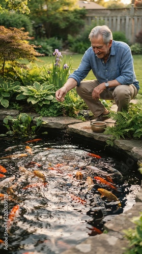 Older Man Feeding Fish in Pond Garden