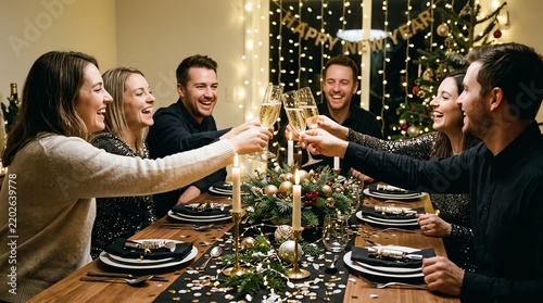 Joyful Group Dinner Clinking Glasses at Festive Year End Celebration