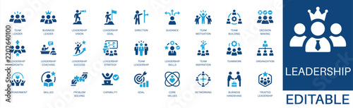 Leadership and teamwork solid icon set. Featuring vision, goal, motivation, decision, and growth. Editable vector glyphs for HR management and strategy.