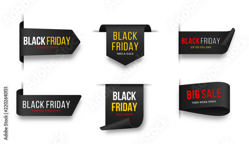 Black Friday promotional tags with discount offers and retail sale messaging.