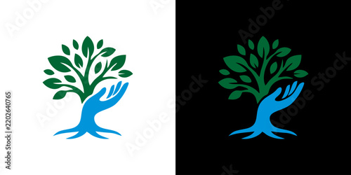 Logo design featuring a vibrant green tree growing out of a blue caring hand with roots against white and black backgrounds for ecology and nature concepts