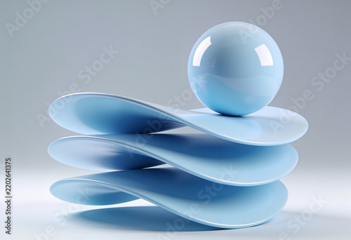 Pastel Blue Sphere Balancing on Stacked Wavy Circular Plates Minimalist Abstract Geometric Composition 3D Render