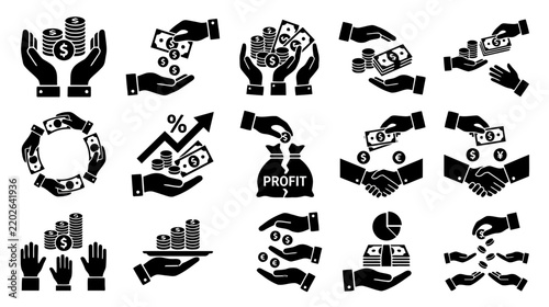 Financial Icons: Hands Holding Money, Coins, and Growth Charts