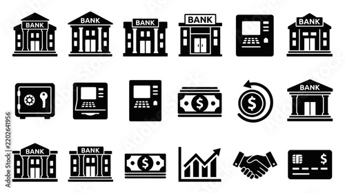 Financial Icons: Bank, ATM, Safe, Money, Credit Card, Graph, Handshake