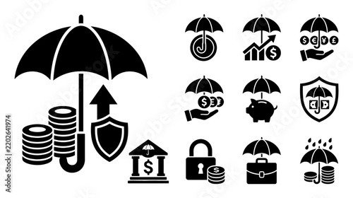 Financial Protection Icons: Umbrella, Shield, Money, Piggy Bank, Bank, Lock