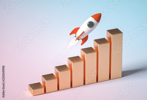 Rocket launching upward next to rising gold bar graph representing business success and financial growth, 3D render