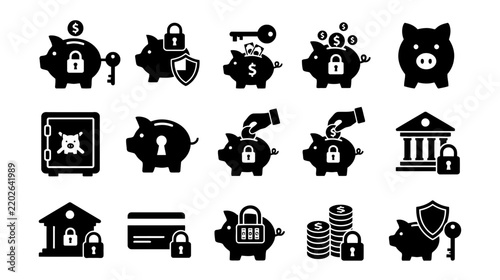 Financial Security Icons: Piggy Banks, Safe, Bank, Credit Card, Key