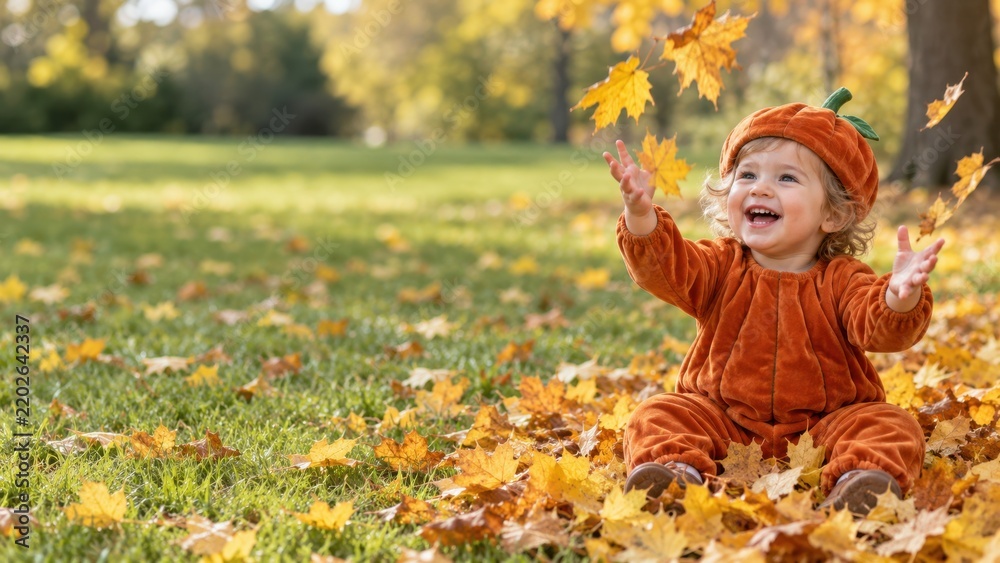 Fototapeta premium Happy toddler in pumpkin costume playing joyfully with autumn leaves in sunny outdoor park setting