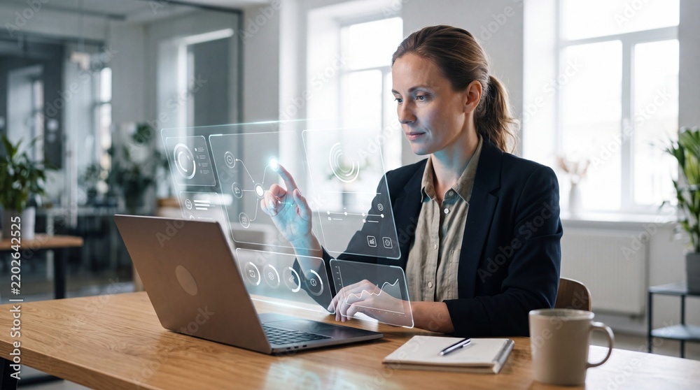 Fototapeta premium Professional businesswoman interacting with futuristic holographic interface, working on laptop in modern office, innovative technology for data analysis and business management