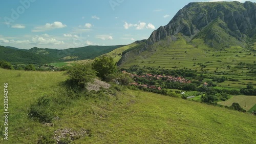 Drone flying over a small village Rimetea Romania

