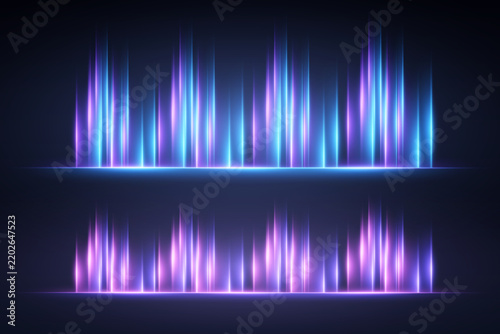 Abstract equalizer display illustrating sound waves with glowing blue and purple vertical lines
