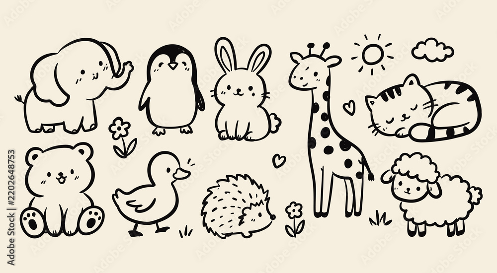 Obraz premium Cute baby animals doodle set cartoon nursery pets line art collection