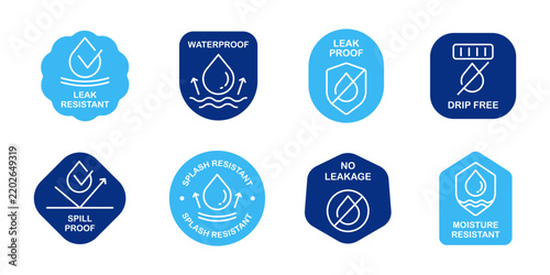 Leak Resistant and Waterproof Product Badge Set with Leak Proof Spill Proof Drip Free with Line Icons