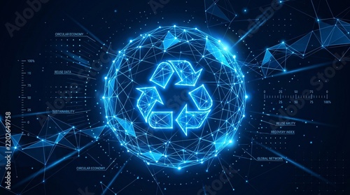 Glowing blue digital recycle symbol with interconnected network lines on a dark technology background.