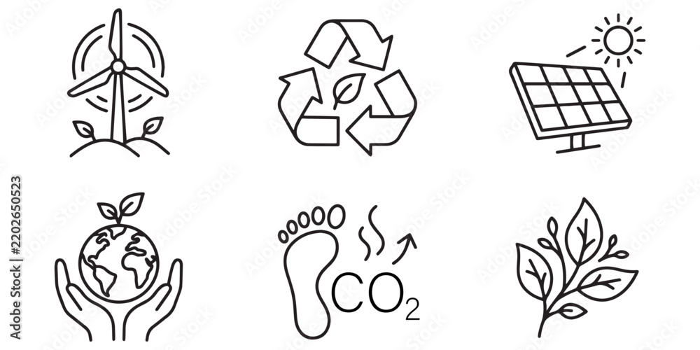 Fototapeta premium Line art icons depict renewable energy recycling and environmental concepts