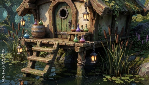 Digital illustration small wooden cabin middle pond has thatched roof round window front surrounded lush green