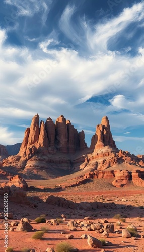 Dramatic red sandstone rock formations beneath blue sky