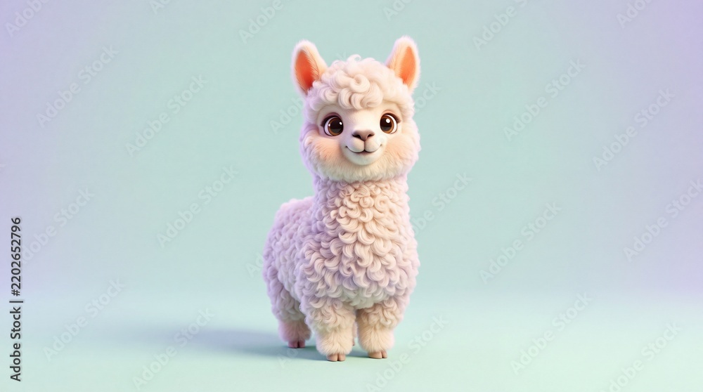 Fototapeta premium Adorable fluffy baby alpaca standing with big dark eyes and soft wool in studio light setting