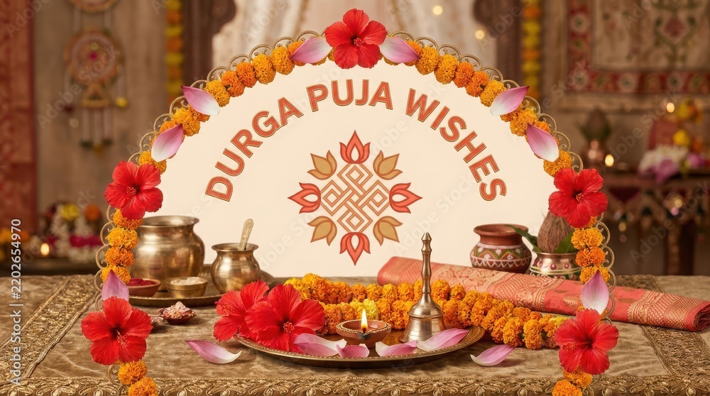 Obraz premium Durga Puja wishes decoration with floral arch, lotus symbol, puja items, oil lamp and bell.