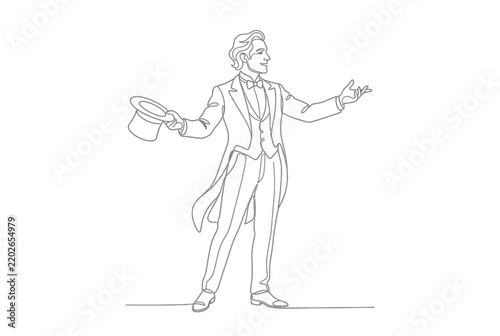 Magician in tuxedo holding a top hat performing trick.