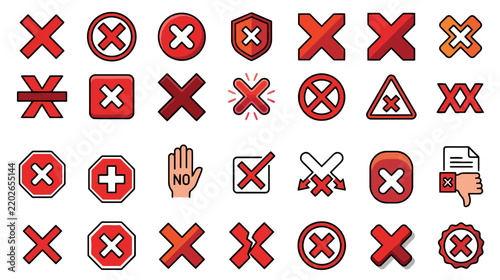 Collection of Red Cross and Incorrect Mark Icons, Isolated on Transparent Background