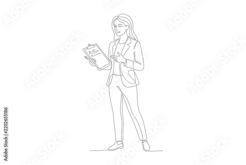 Line art drawing of a professional woman holding a clipboard.