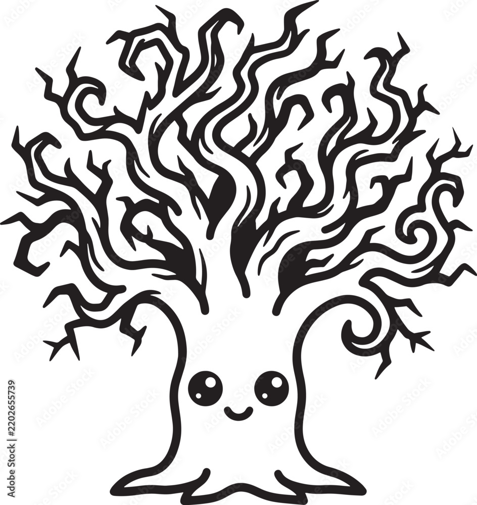 Fototapeta premium Cute cartoon tree character with a happy smiling face and swirling branches in a simple black and white line art drawing style