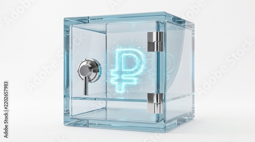 Glass Safe with Levitating Digital Ruble Isolated on White Background