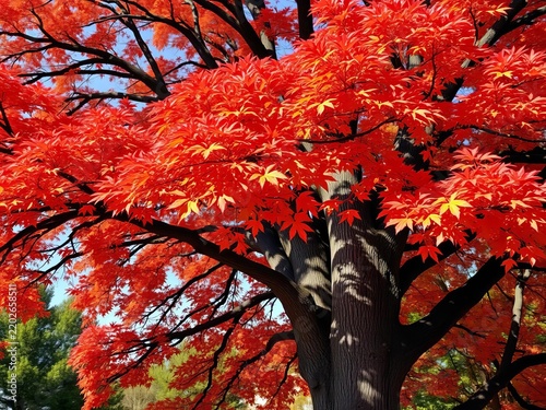 Vibrant red autumn tree canopy with dark branches
