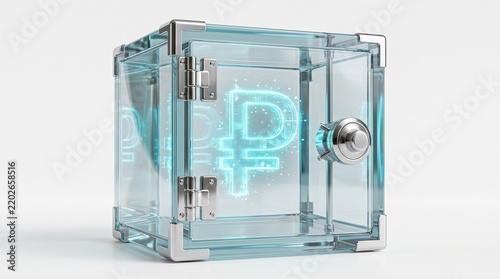 Glass Safe with Levitating Digital Ruble Isolated on White Background