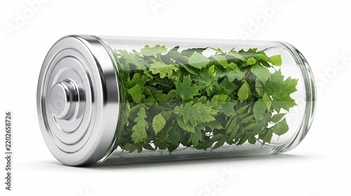 Green Tech 3D Battery with Leaves Inside Isolated on White Background