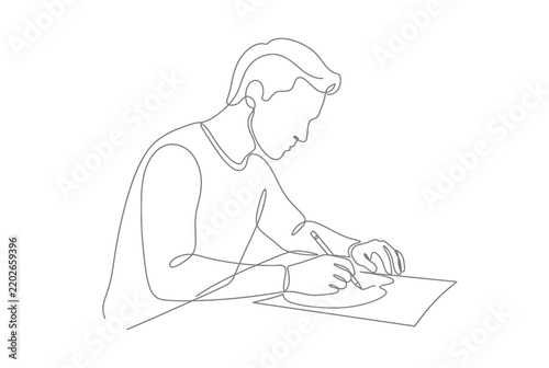 Man writing on paper continuous line drawing.
